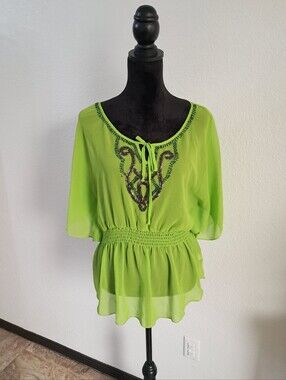 Studio Y Chiffon Blouse Sheer Green Beaded Smock Waist Bat Wing Sleeve Boho Y2K
